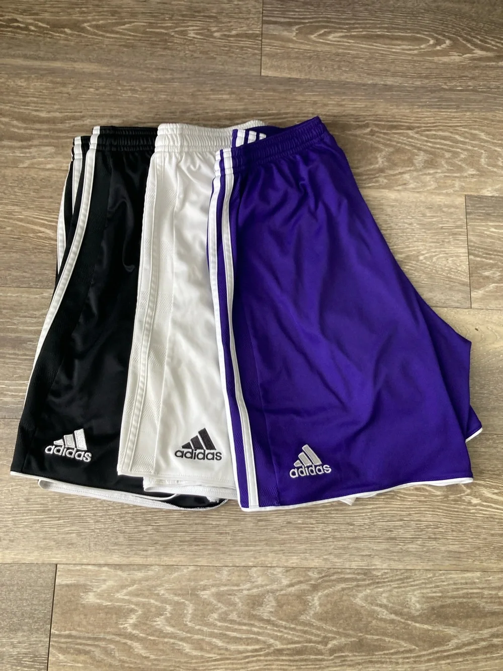 adidas Men’s 3-Pack Athletic Shorts — Black, Purple, White